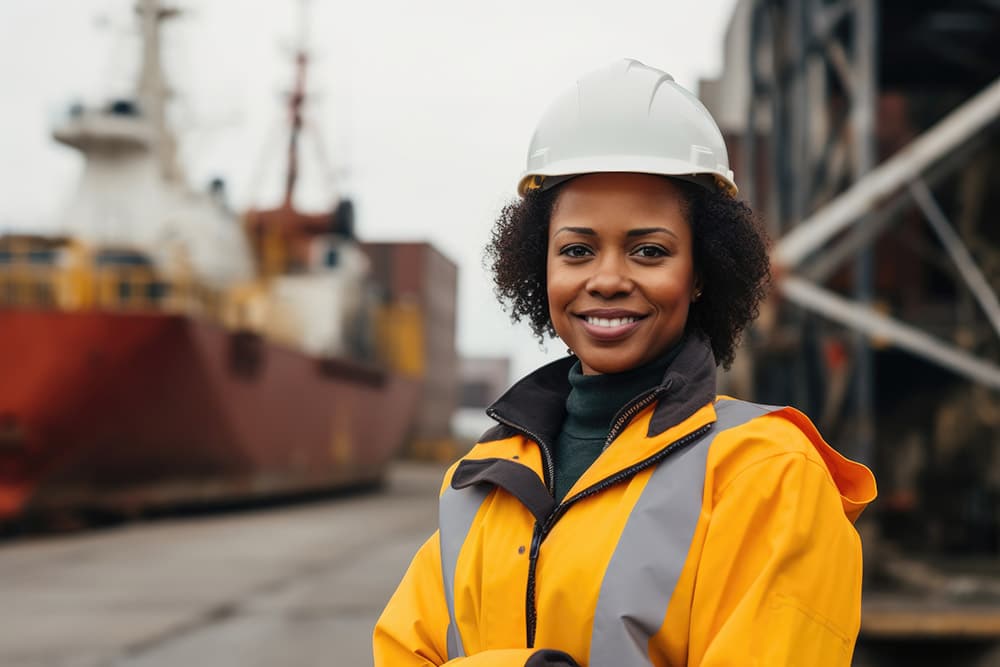 Confident Female Engineer with Hard Hat at Industrial Port